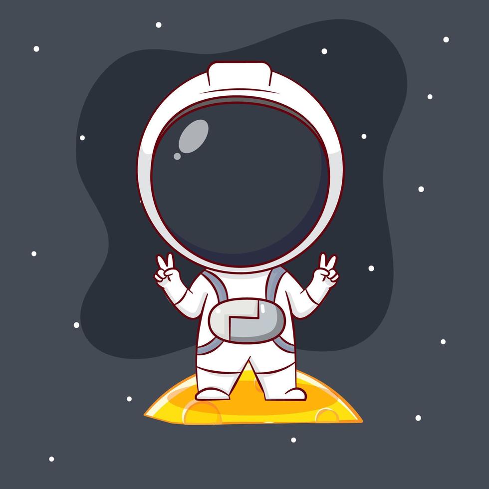 niedliche zeichentrickfigur des astronauten, der mit friedenshandzeichen auf dem mond steht. hand gezeichneter chibi-charakter lokalisierter hintergrund. vektor