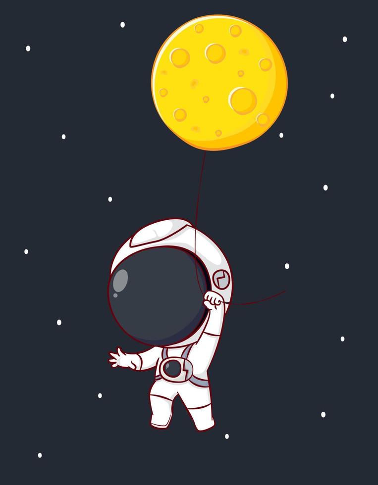 niedliche zeichentrickfigur des astronauten, der mondballon hält. hand gezeichneter chibi-charakter lokalisierter hintergrund. vektor
