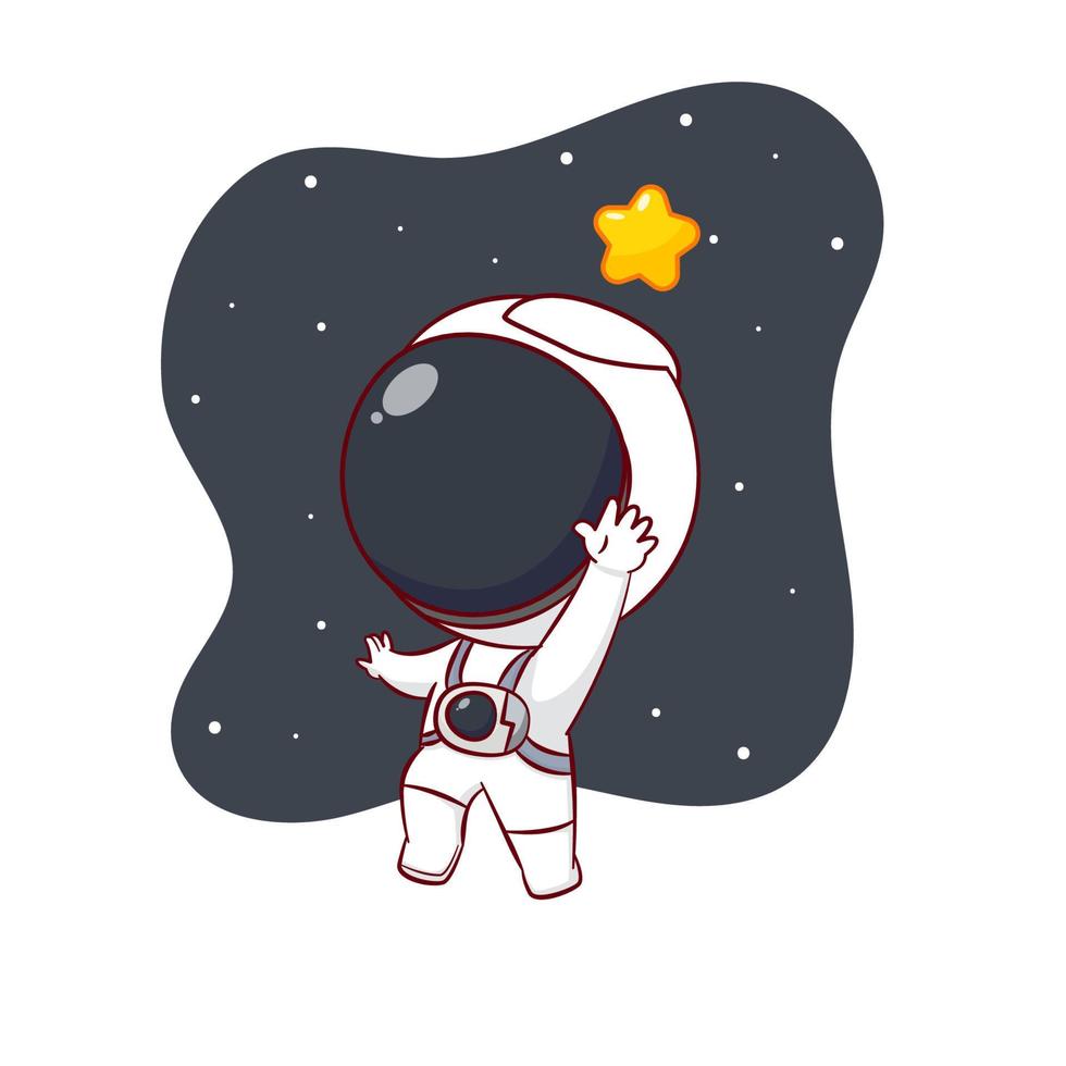 niedliche zeichentrickfigur des astronauten, der den stern erreicht. hand gezeichneter chibi-charakter lokalisierter hintergrund. vektor