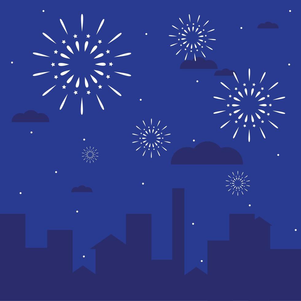 Feuerwerk mit Stadt am Nachthimmel vektor