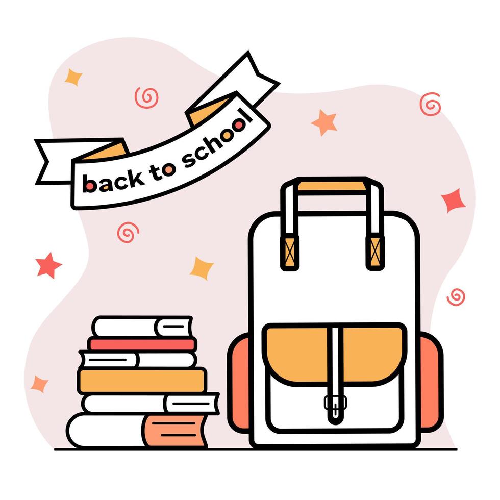 zurück zur Schule. schulrucksack, stapel bücher, lehrbücher. farbige Symbole, Gekritzel. postkarte, broschüre, vorlage für bildungswebsite. Gestaltung von Schulstundenplänen, Schulungen. Vektor-Illustration vektor