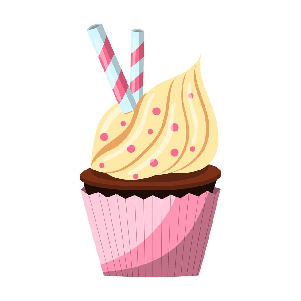 Abbildung eines Cupcakes mit Sahne, Vektor-Illustration auf weißem Hintergrund. vektor