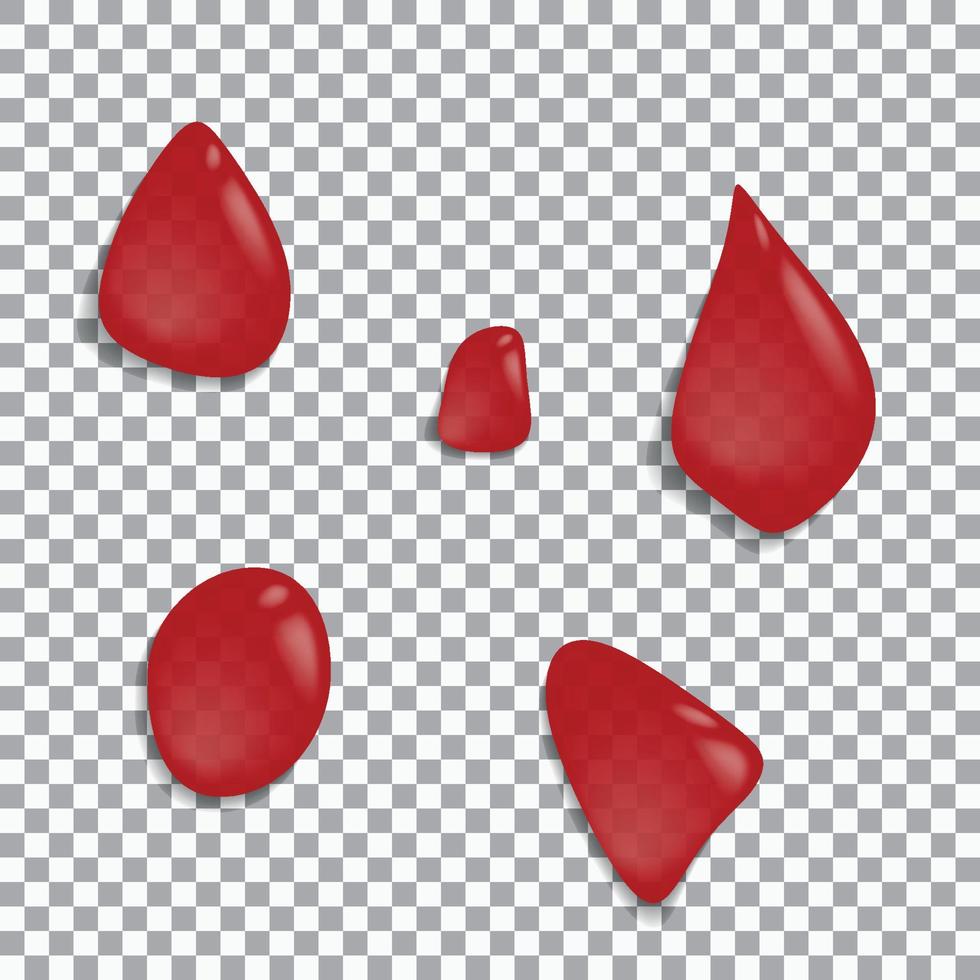 rote Blutstropfen, rotes Wasser, Wein isoliert auf transparentem Hintergrund. vektorrealistisches modell von flüssigen tropfen erdbeer- oder kirschsaft, fruchtgetränk, klaren rubinblasen vektor