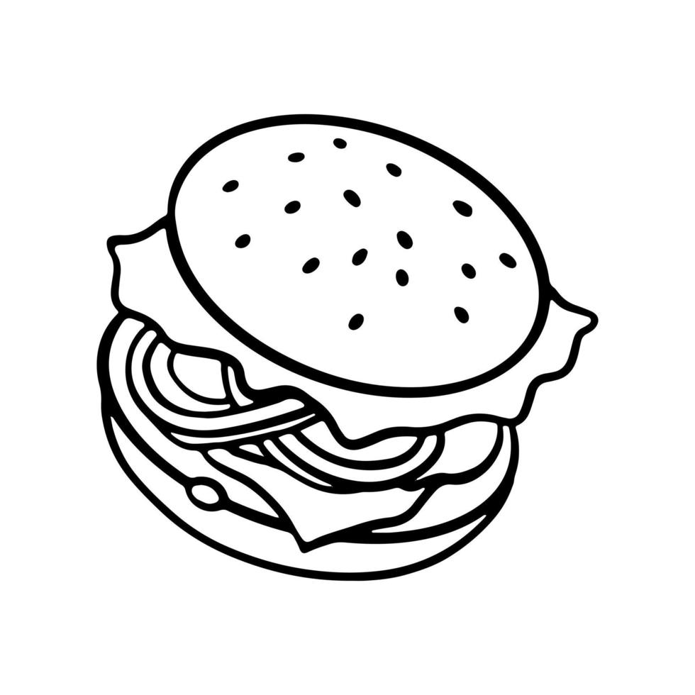 Hamburger umreißt Gekritzelkarikatur-Vektorillustration. Straßen-Fastfood vektor