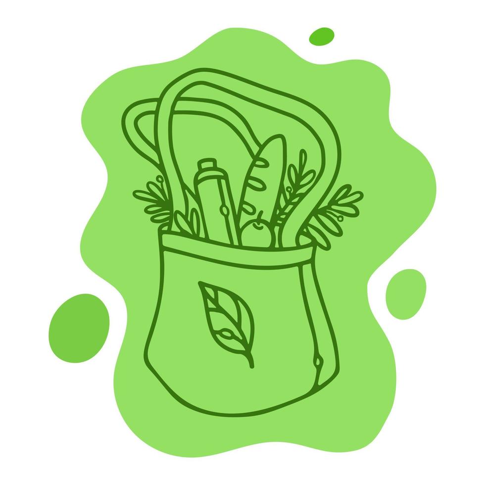 Öko-Tasche mit Produkten und Blättern. Zero Waste handgezeichnete Umriss-Doodle-Vektor-Illustration. vektor