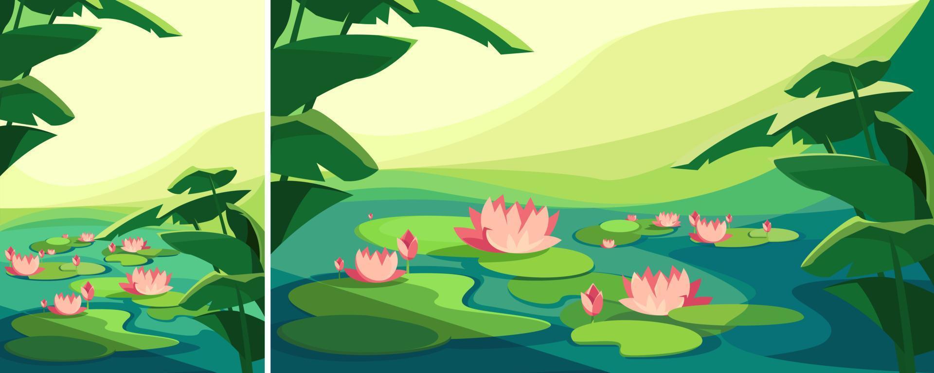 Landschaft mit blühenden Lotusblumen. Naturlandschaften in verschiedenen Formaten. vektor