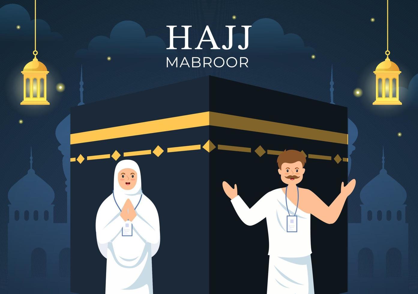 hajj oder umrah mabroor karikaturillustration mit menschencharakter und makkah kaaba geeignet für plakat- oder zielseitenvorlagen vektor