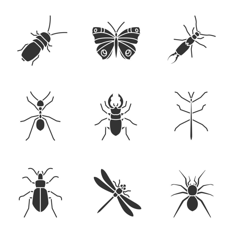 Insekten-Glyphen-Symbole gesetzt. Dunkelkäfer, Schmetterling, Ohrwurm, Hirsch- und Bodenwanzen, Phasmid, Ameise, Libelle, Spinne. Silhouettensymbole. vektor isolierte illustration