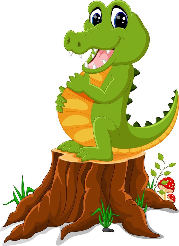 tecknad krokodil poserar på trädstubbe vektor