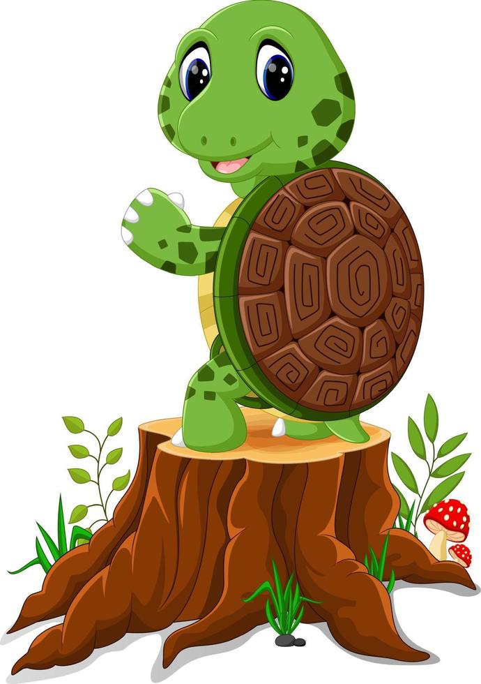 tecknad sköldpadda poserar på trädstubbe vektor