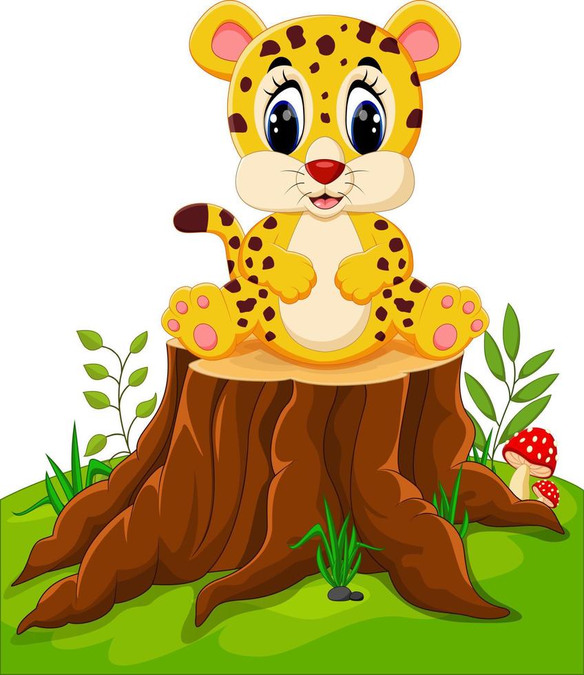 söt baby gepard sitter på trädstubbe vektor
