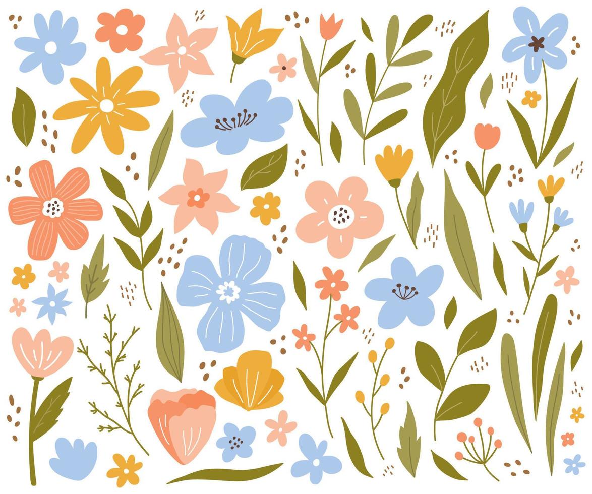 stor samling av blommande blommor, kvistar och löv isolerad på vit bakgrund. vektor illustration i handritad platt stil. perfekt för kort, dekorationer, vårdesign. botaniska clipart set.