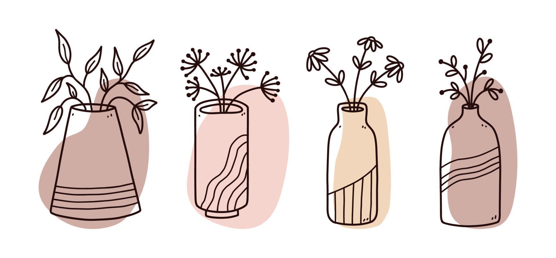 uppsättning abstrakta blommiga doodles med färg organiska former. minimalistiska vaser med blommor isolerad på vit bakgrund. vektor handritade illustration. perfekt för kort, dekorationer, logotyper, affischer.