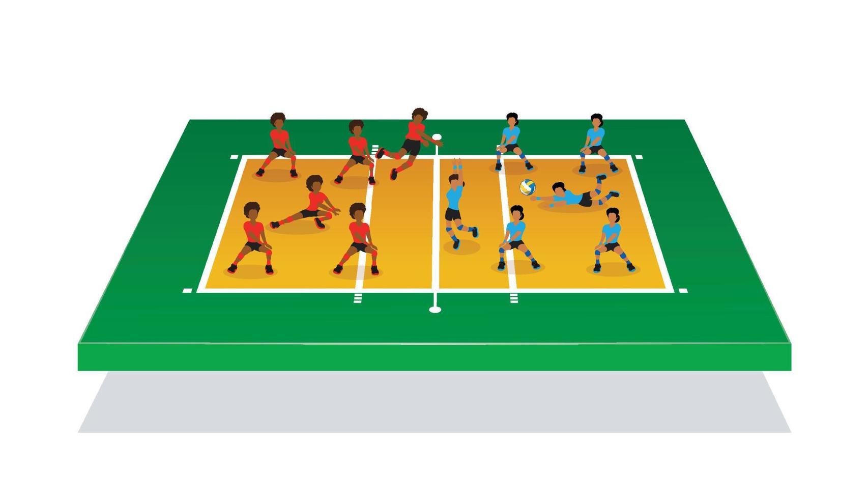 isometrisk illustration för människor attackerar volleyboll på 3d volleybollplan vektor