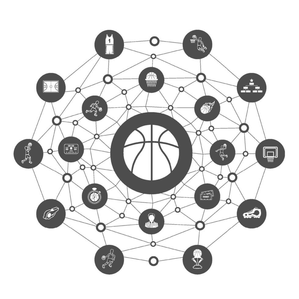 gruppe von schwarz-weißen basketball-symbolen mit linie polygon hintergrund.basketball-lernkonzept. vektor