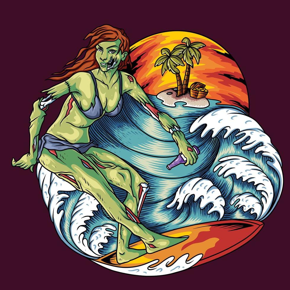weibliche zombie surfen am sommerstrand sonnenuntergang vektor