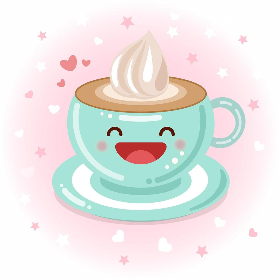 süße Tasse Kaffee mit Sahne. Vektor-Symbol-Illustration. Aufkleber-Cartoon-Logo. Food-Konzept. flacher cartoon-stil geeignet für web-landingpage, banner, aufkleber, hintergrund. kawaii Tasse Kaffee. vektor