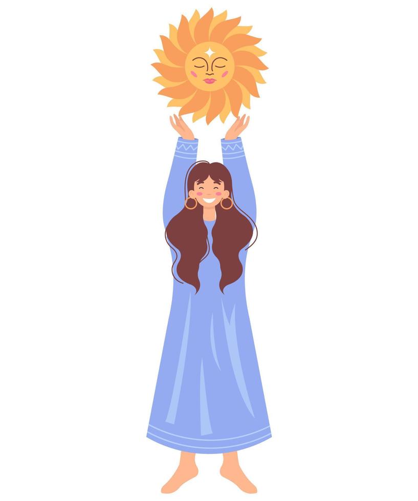 Frau, die die Sonne hält. Astrologie-Konzept. flache farbige Vektorillustration, die in einem weißen Hintergrund isoliert wird. vektor