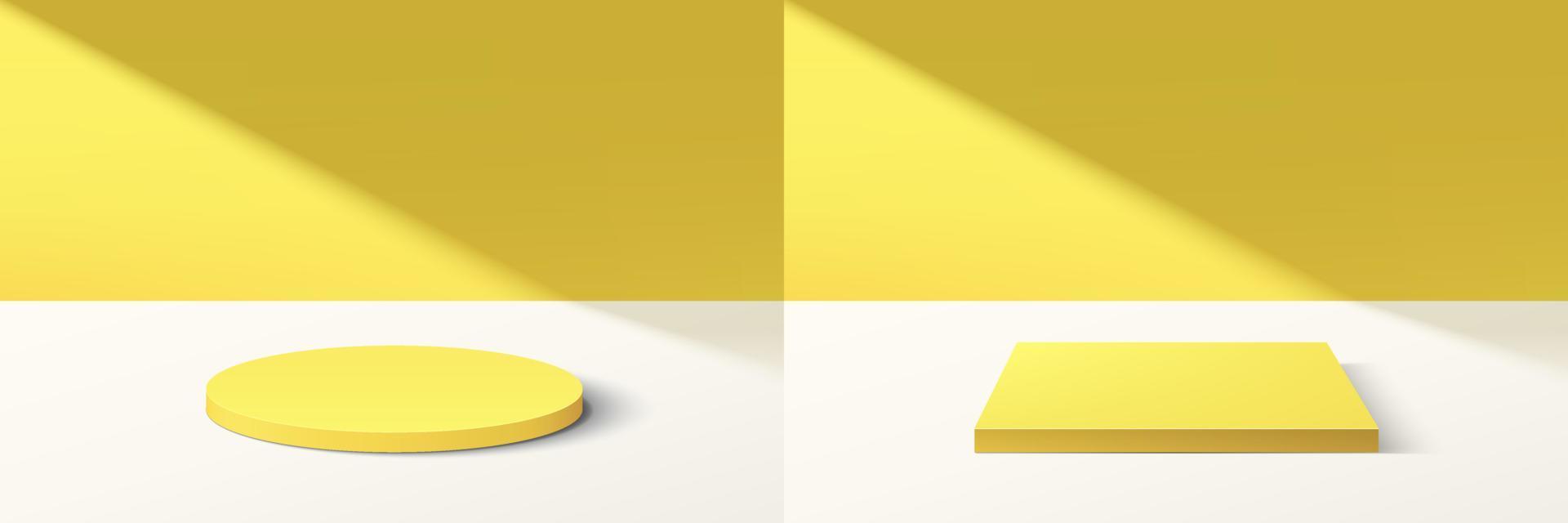 satz aus abstraktem 3d-gelbem zylinder und würfelsockelpodium mit hellgelber minimaler wandszene im schatten. sammlung von geometrischen plattformen zum rendern von vektoren für die präsentation von kosmetischen produkten
