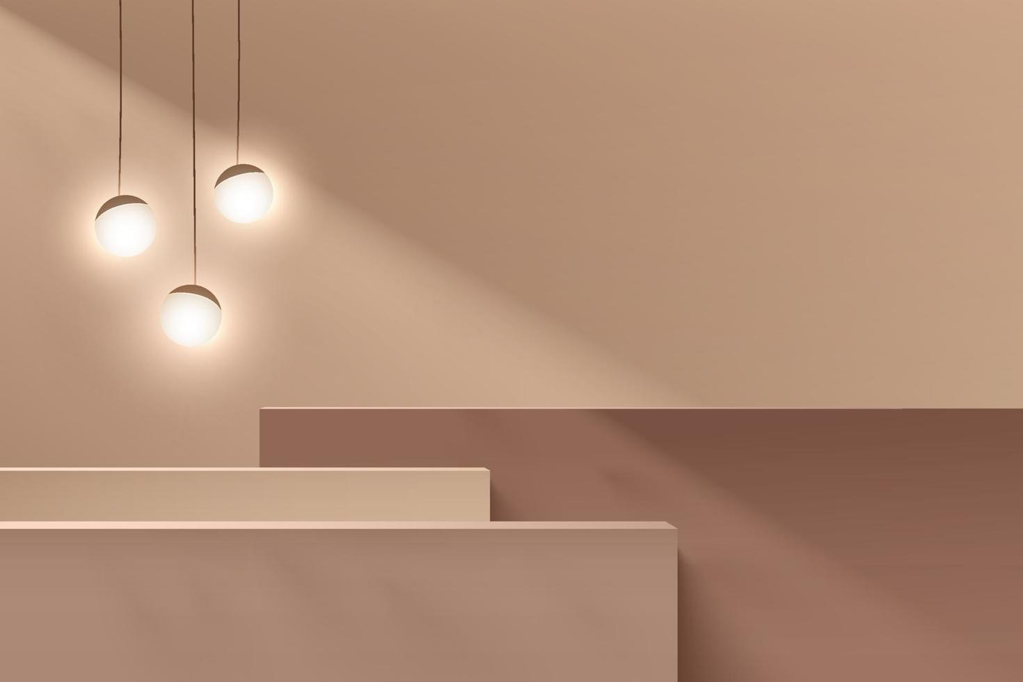 abstrakt brun och beige 3d steg kub piedestal eller stå podium med sfär boll hängande lampa. minimal väggscen för presentation av kosmetiska produkter. vektor geometrisk rendering plattform design.