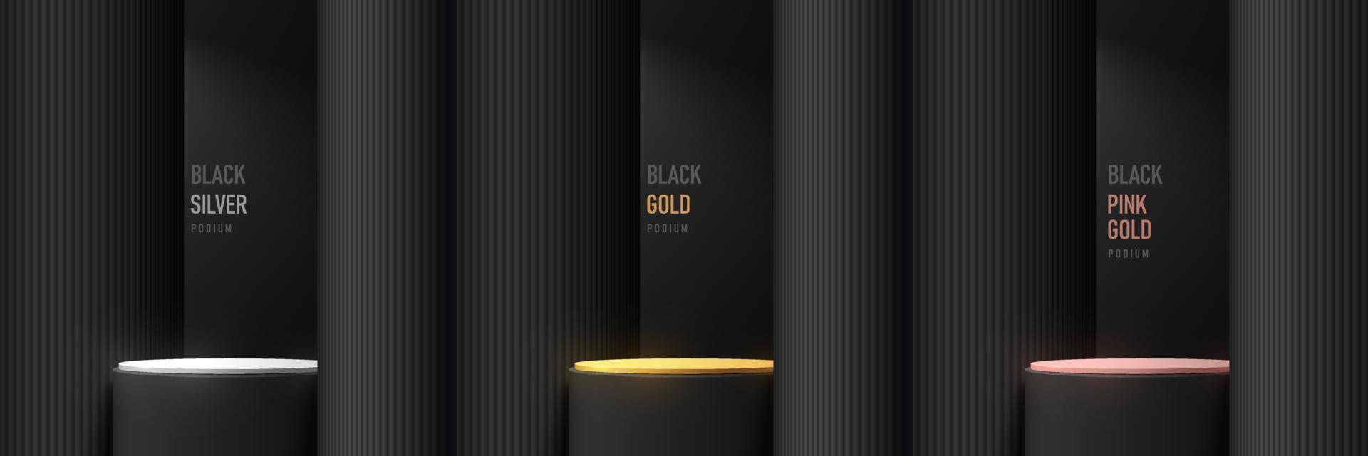 Set aus Silber, Gold, Rotgold realistisches 3D-Zylinderständerpodium mit schwarzem Säulenhintergrund. abstrakter Vektor, der geometrische Formen wiedergibt. Mockup-Produktanzeige. luxuriöse minimale szene. Bühnenschaufenster. vektor