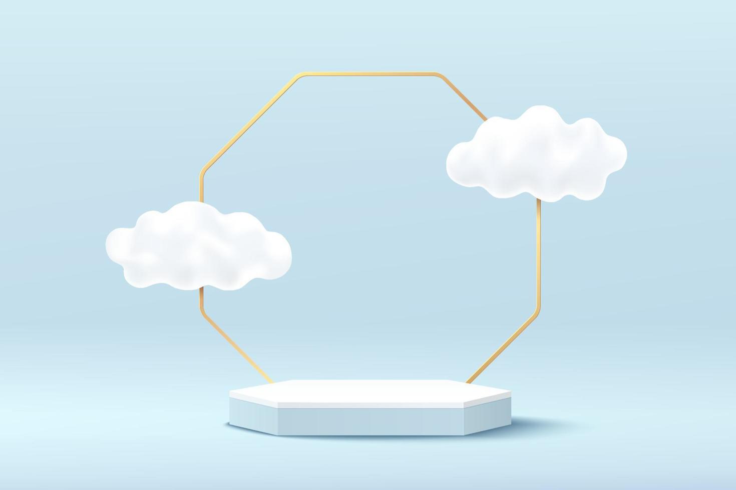 abstrakt vit 3d hexagon piedestal podium med gyllene geometrisk bakgrund och moln flygande. pastellblå minimal väggscen för presentation av kosmetiska produkter. vektor geometrisk rendering plattform