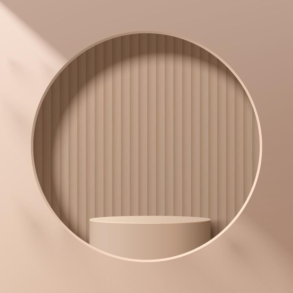 abstrakt beige 3d cylinder piedestal eller stå podium i cirkel fönster på väggen. ljusbrun modern minimal scen för presentation av kosmetiska produkter. vektor geometrisk rendering plattform design