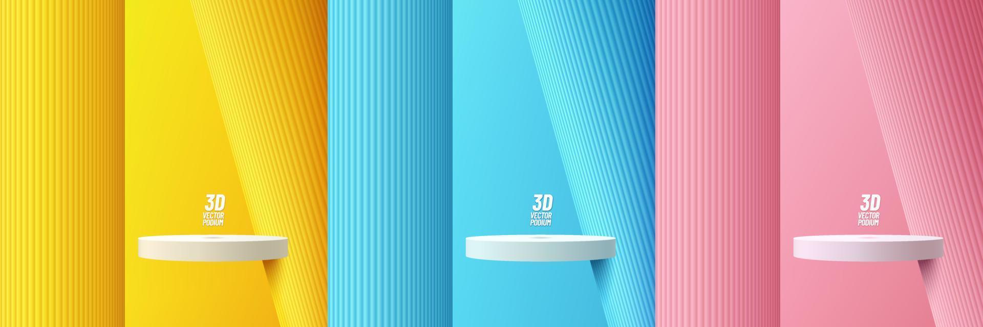 uppsättning av realistisk 3d flytande vit cylinderpodium i gula, blå, rosa rum med vertikal pelare bakgrund. abstrakt vektor rendering geometriska former. mockup produktdisplay. minimal väggscen.