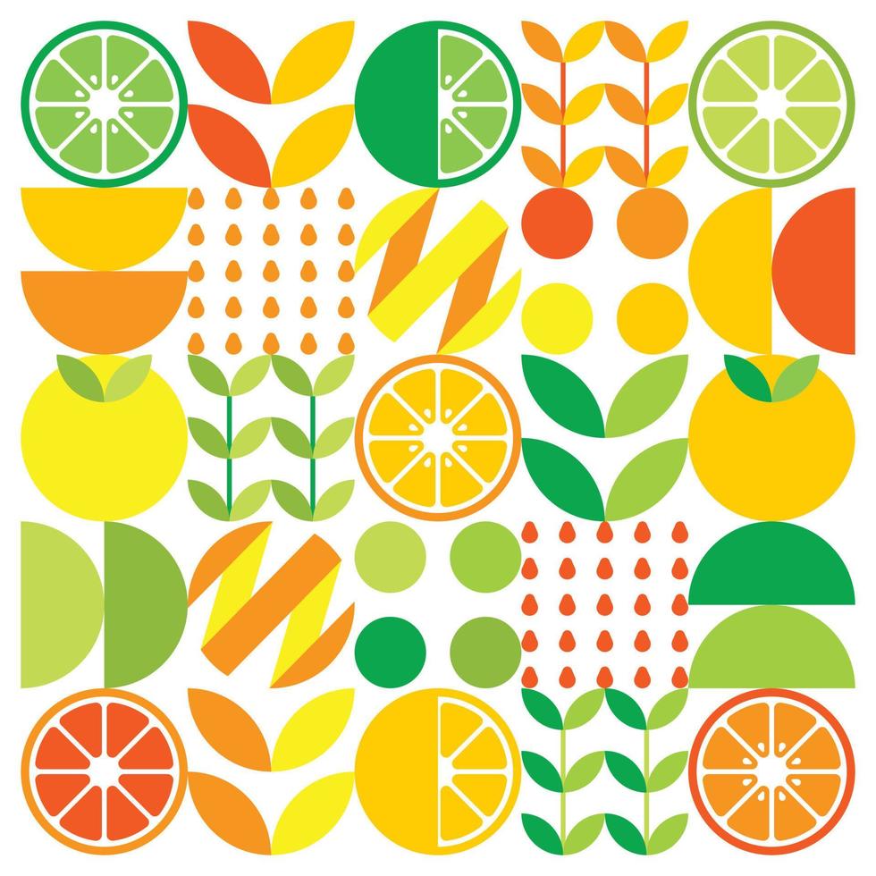 abstrakt konstverk av orange frukt symbolikon. enkel vektorkonst, geometrisk illustration av färgglada citrusfrukter, citroner, lemonad, limefrukter och löv. minimalistisk citrus platt design på vit bakgrund. vektor