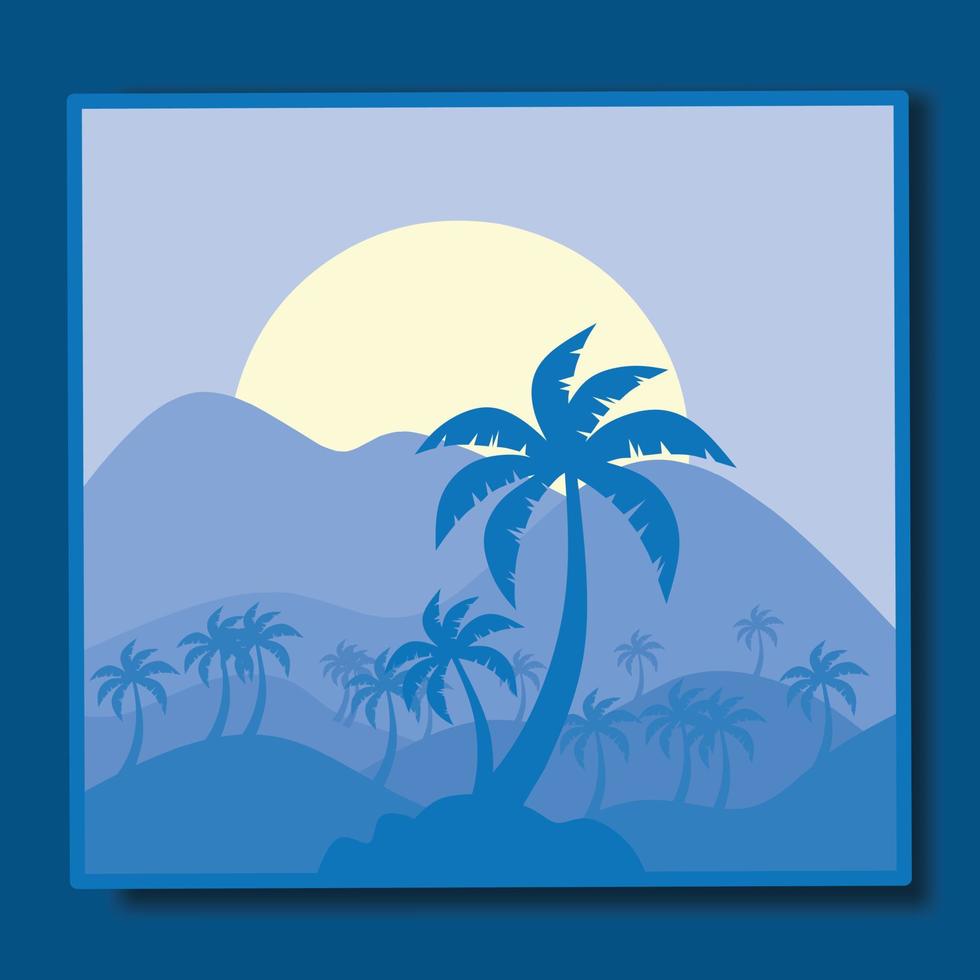 Illustrationsdesignschablone für natürliche Landschaften, mit einer Kombination aus Bergen und Kokospalmen vektor