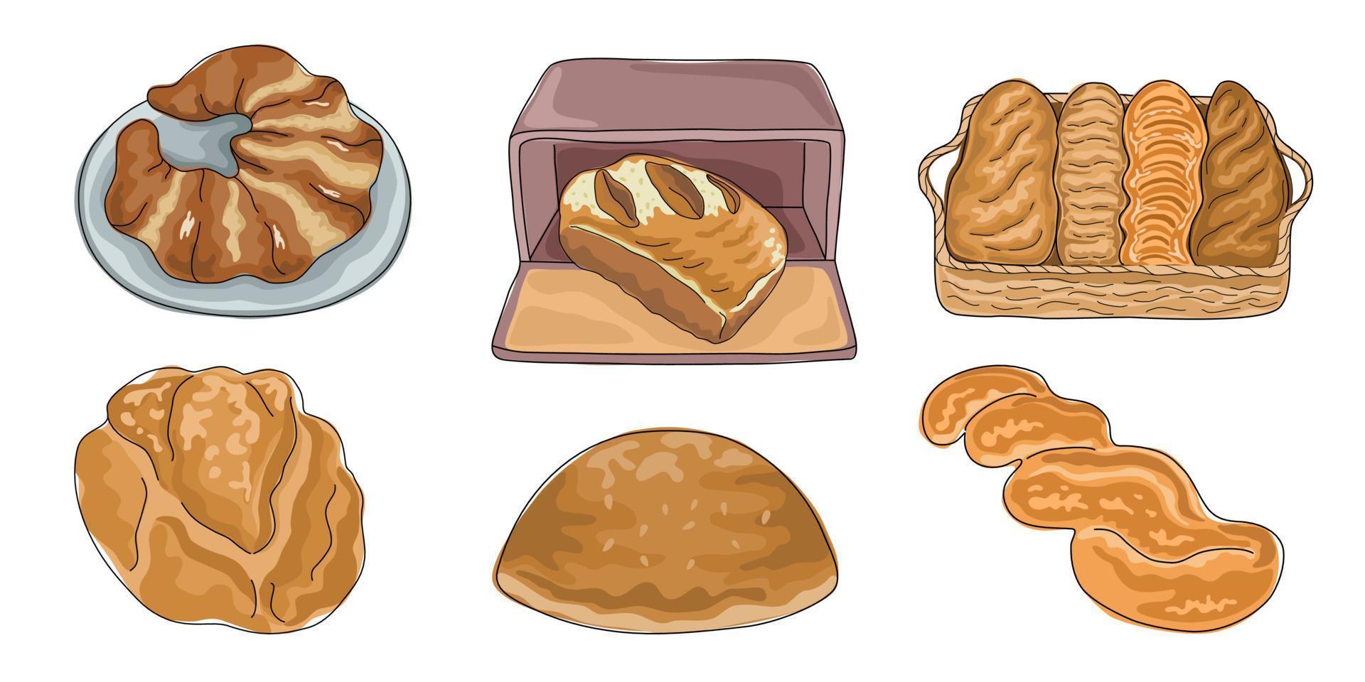 uppsättning vektor illustrationer, hembakat bröd, designad i doodle stil. på en vit bakgrund för kortdekorationer, menyer, digitala tryck, brödbakningsillustrationer, klistermärken, klippbok och mer