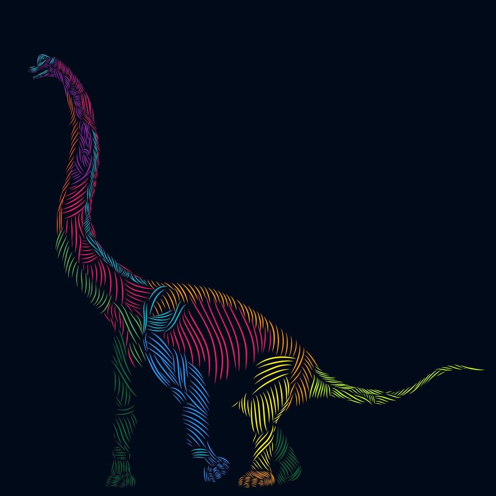 brontosaurus dino linje popkonst poträtt färgglada logotyp design med mörk bakgrund vektor