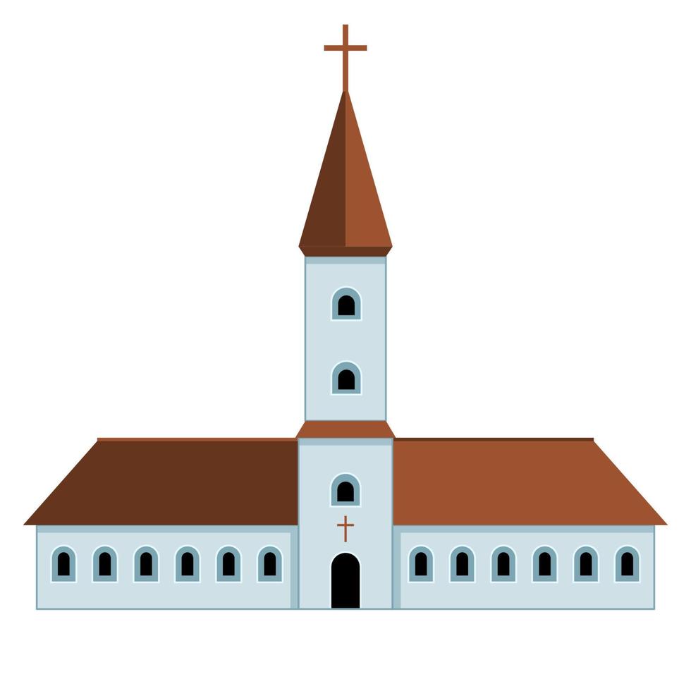 kyrka med klocktorn framifrån tecknad isolerad vit bakgrund vektor