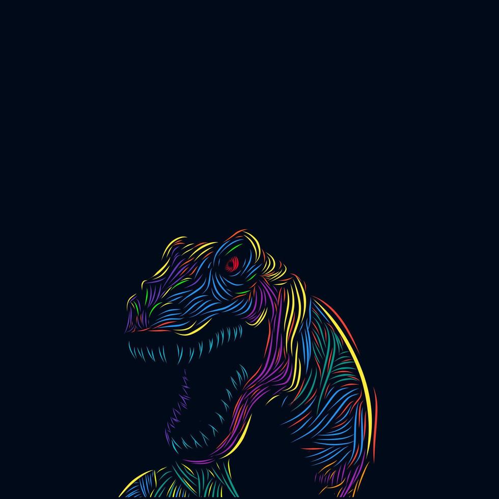 dinosaurien t rex linje popkonst poträtt färgglada logotyp med mörk bakgrund vektor