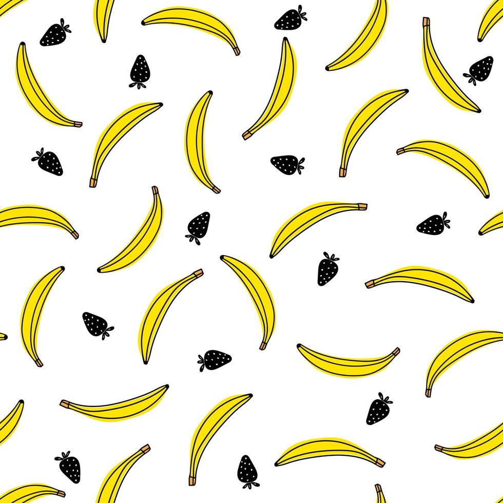gelbe Bananen mit schwarzer Erdbeere. nahtloser Druck für Stoff. vektor