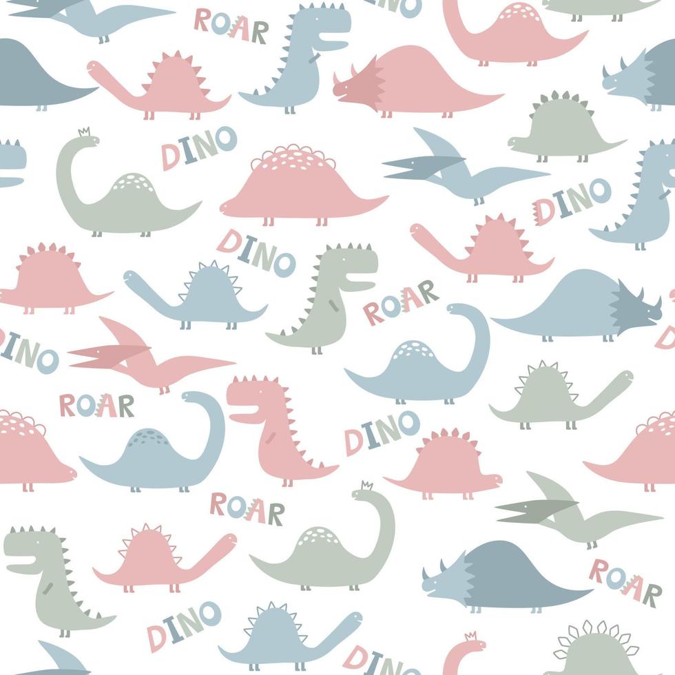 vektor seamless mönster med söt dinosaurie karaktär på vit bakgrund. tecknad design i barnslig doodle-stil för textil, böcker, telefonfodral