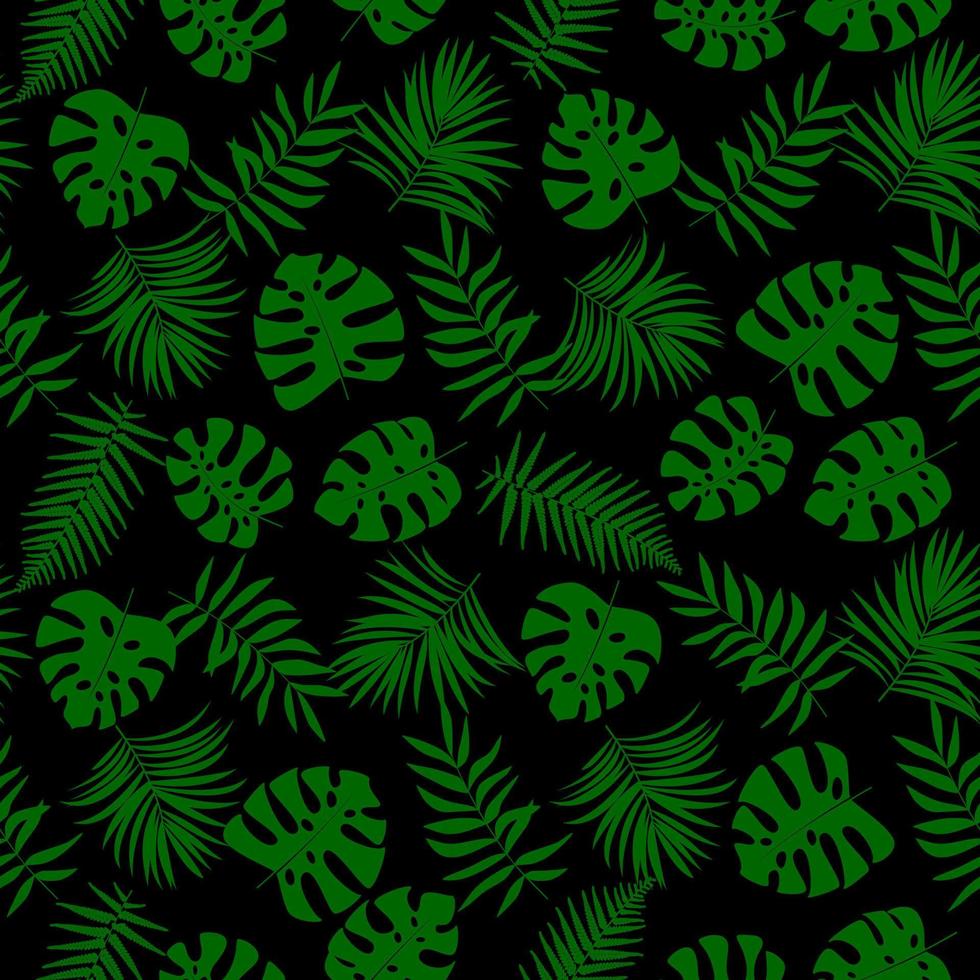 olika gröna tropiska löv på svart bakgrund vektor