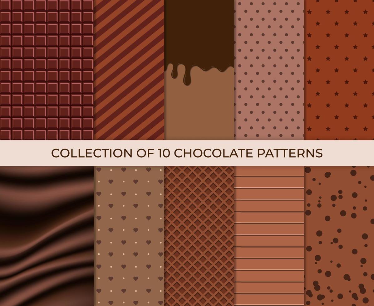 chokladmönster. uppsättning ljusa matkort. set med choklad och chokladglasyr. choklad glasyr mönster bakgrund. vektor illustration