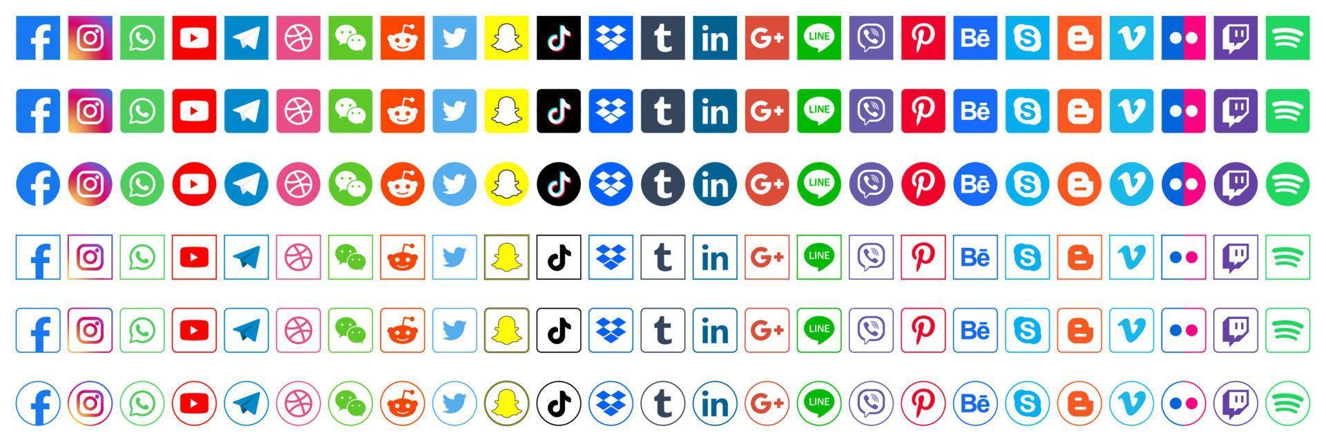 ställ in populära ikoner för sociala medier. facebook, instagram, twitter, youtube, pinterest, behance, google, linkedin, whatsap, snapchat och många fler. redaktionell vektorillustration vektor