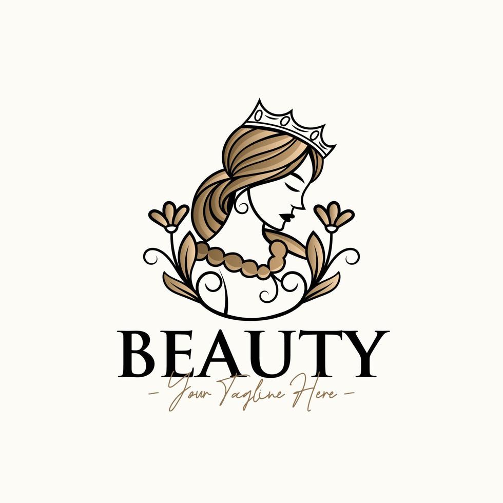 kvinna naturliga drottning feminin guld skönhet logotyp formgivningsmall vektor
