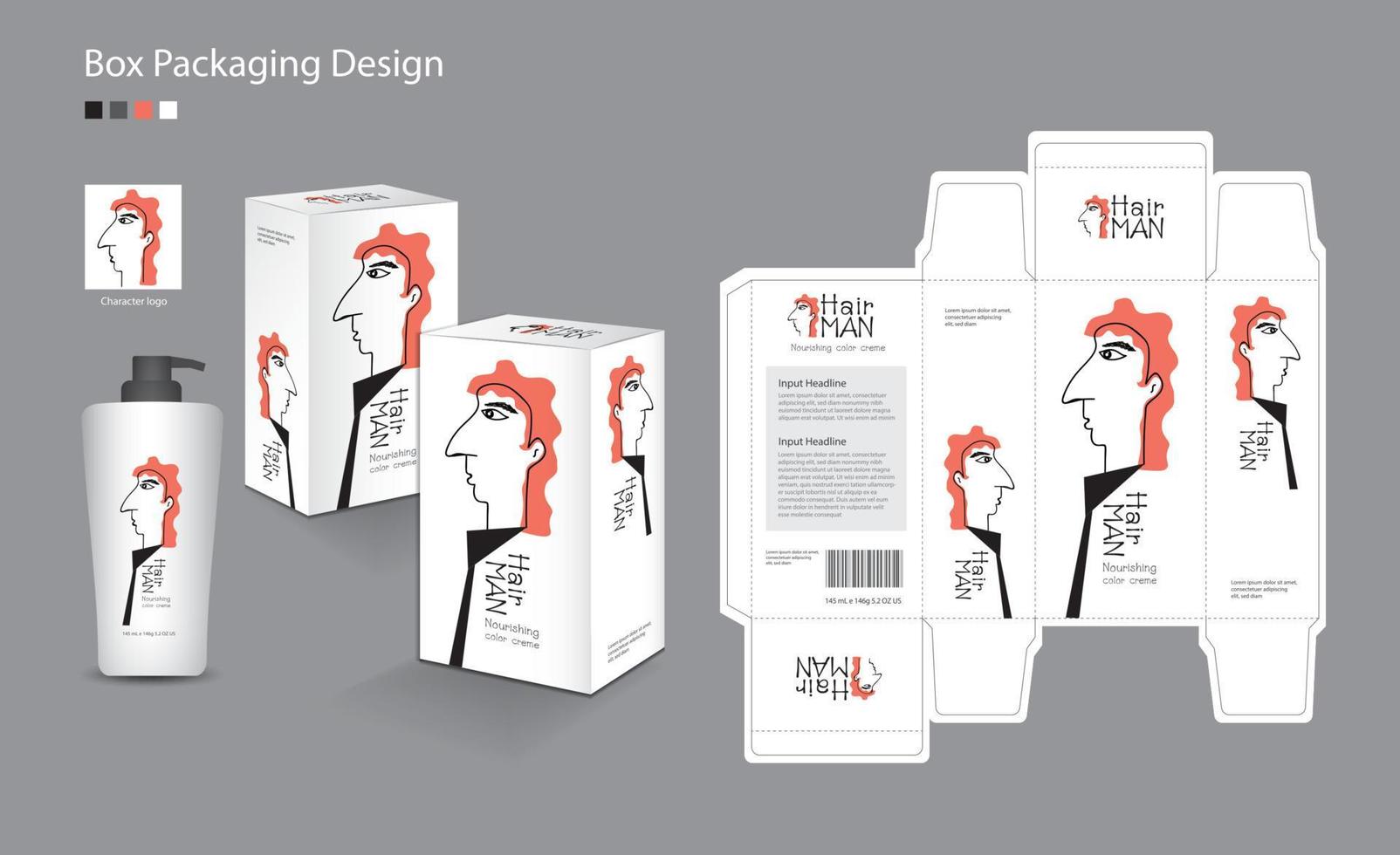 Box-Verpackungsvektor für Haare, Creme, Haut, Lotion, Shampoo, Schönheit, Gesundheit, Medizin, Nahrungsergänzungsmittel. 3D-Box. boxen modell, verpackungsdesign, produktdesign, männer charakter cartoon vektorillustration vektor