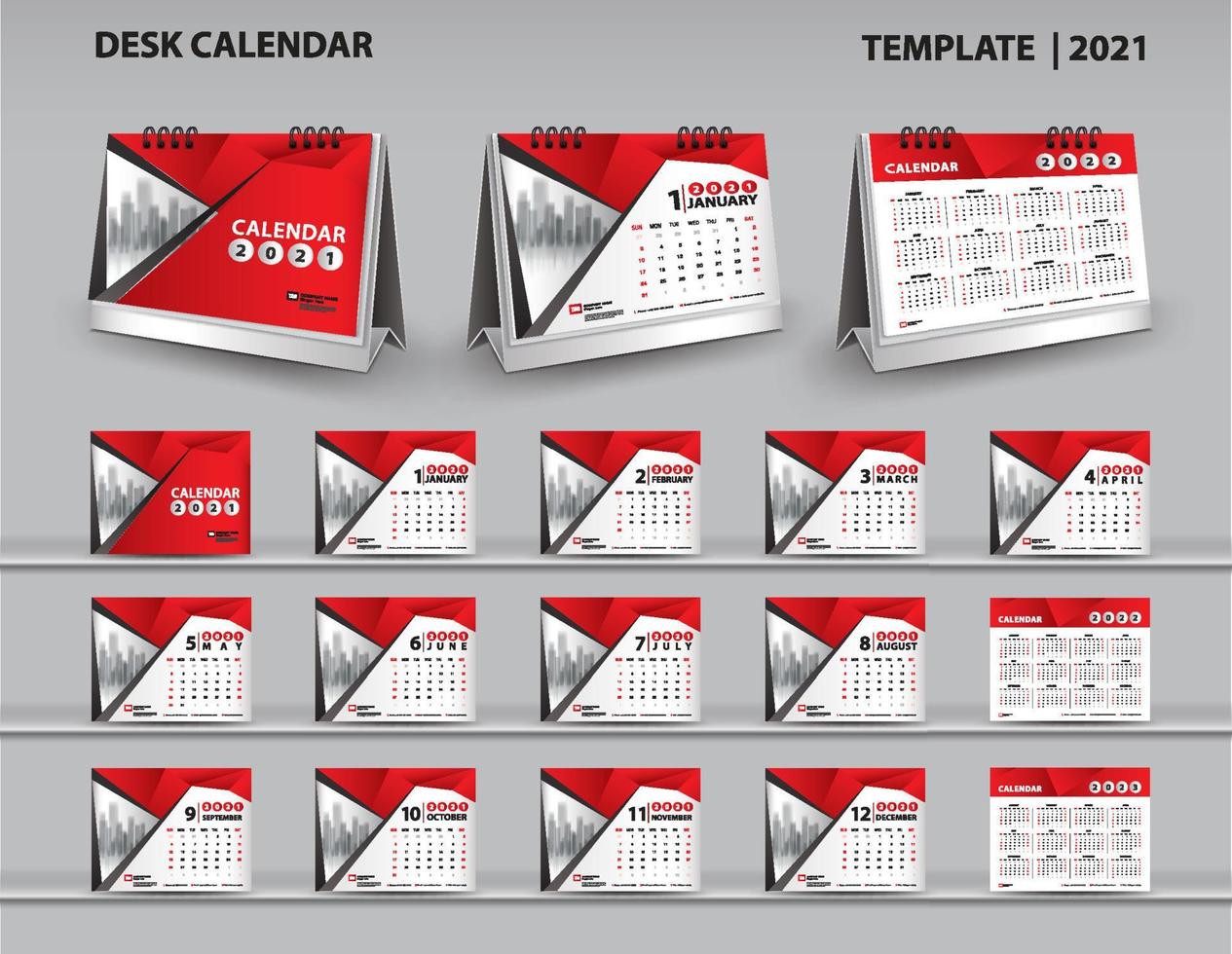 Set Tischkalender 2021 Vorlagenvektor und Tischkalender 3D-Modell, Kalender 2022-2023 Vorlagendesign, rotes Einbanddesign, Satz von 12 Monaten, Woche beginnt am Sonntag, Briefpapier. vektor