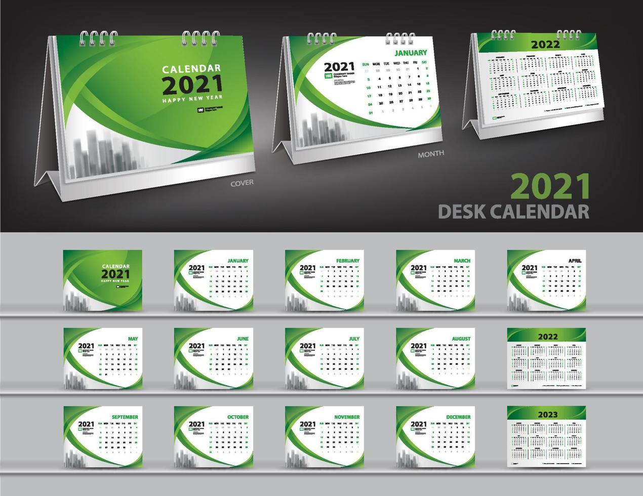 Kalender 2021, 2022, 2023 Jahr Vorlage Vektor und 3D-Mockup Tischkalender, Set Schreibtischkalender 2021 Vektor kreatives Design, grünes Cover-Design, Satz von 12 Monaten, Woche beginnt Sonntag, Schreibwaren.