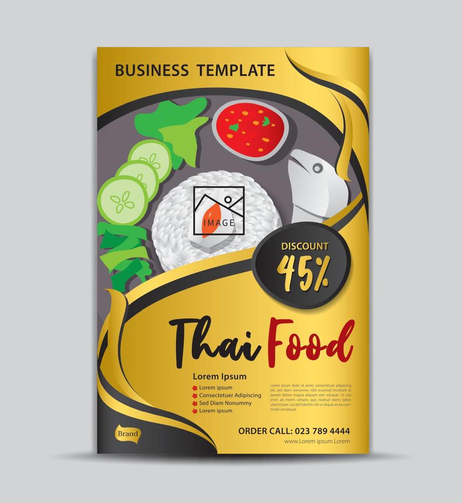 Thai-Food-Flyer-Vorlage, Plakatdesign, Menü, Etikett, Banner, Tag, Cover, Zeitschriftenanzeigen, goldener Hintergrund, Vektorillustration vektor