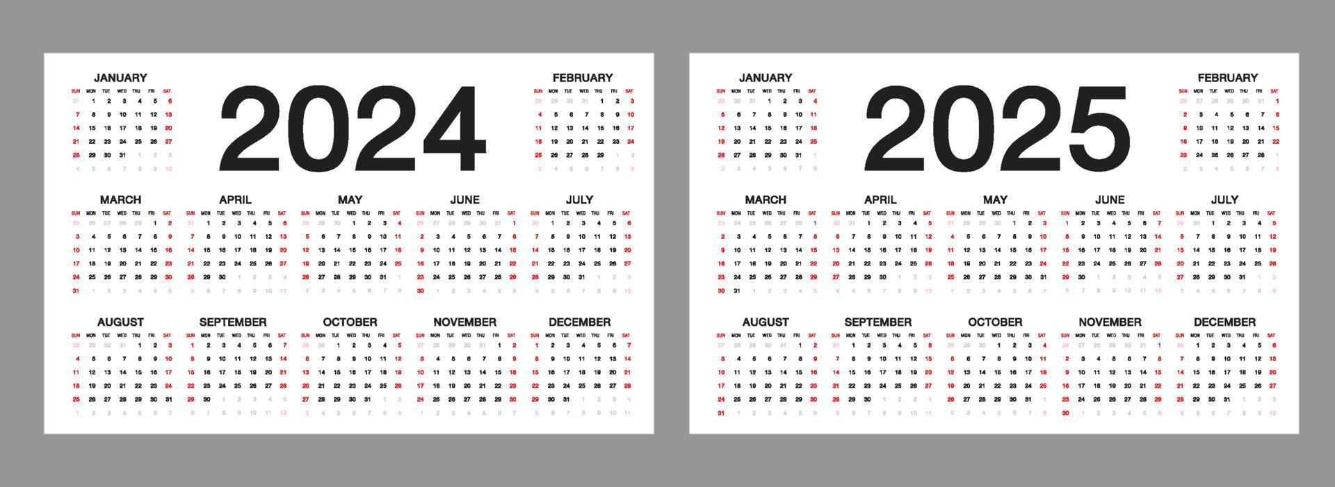 enkel kalenderlayout för 2024, 2025 år på vit bakgrund, skrivbordskalender, veckan börjar från söndag. vektor mall.