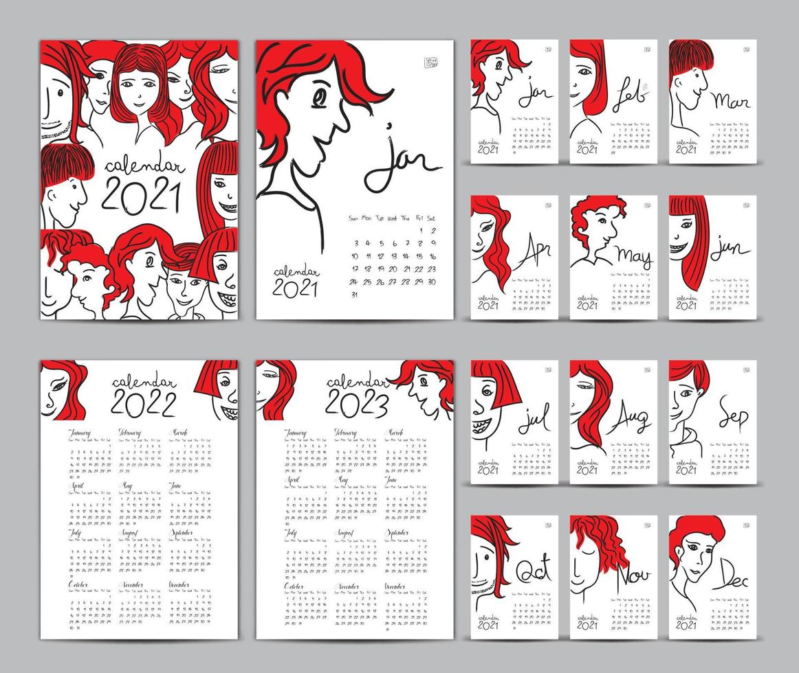 Tischkalender 2021 Vorlagensatz, Kalender 2022-2023, Beschriftungskalender, handgezeichnete Cartoon-Hipster-Leute-Vektorillustration kann für Postkarten, Geschenkkarten, Banner, Poster und zum Ausdrucken verwendet werden vektor