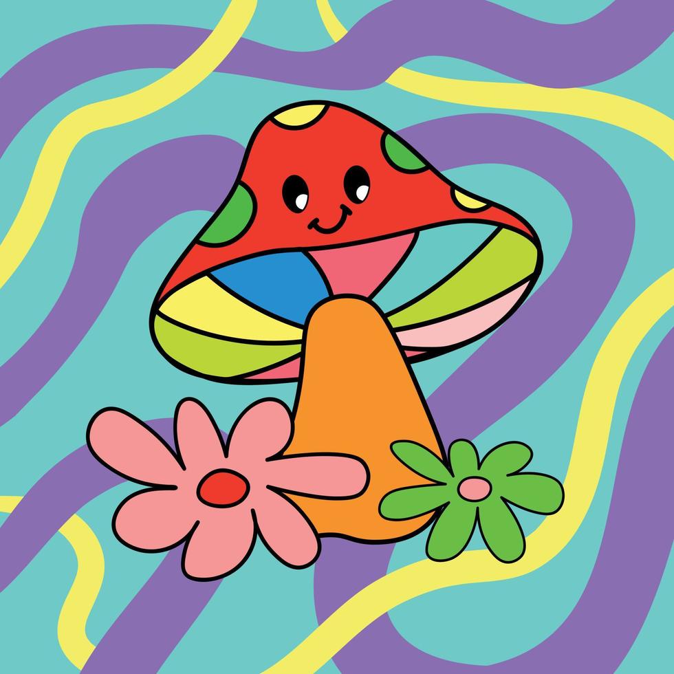 cooles psychedelisches Poster mit einem lebendigen, trippigen Pilz und Blumen. 1970 gute Laune vektor