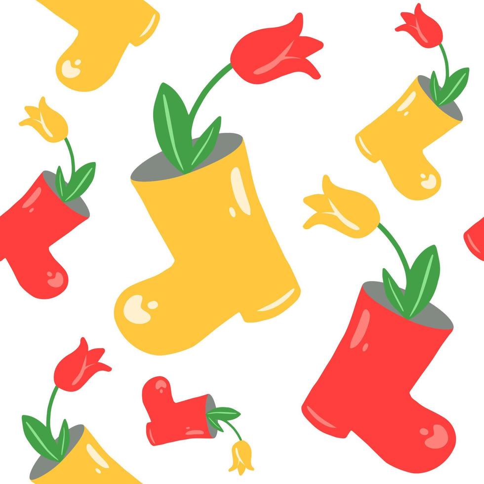 Tulpe in einem nahtlosen Muster des Stiefels. Stiefel und Tulpen in Gelb und Rot. hand gezeichnete vektorillustration. geeignet für Webhintergrund, Geschenkpapier, Stoff oder Textil vektor