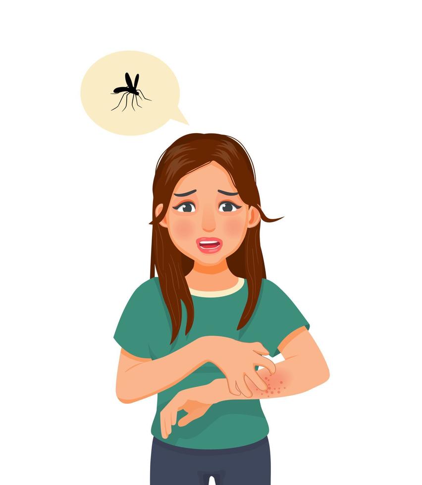 ung kvinna som kliar sig i sin kliande arm med torra hudproblem, djur- eller livsmedelsallergi, dermatit, insektsmyggbett och irritation vektor