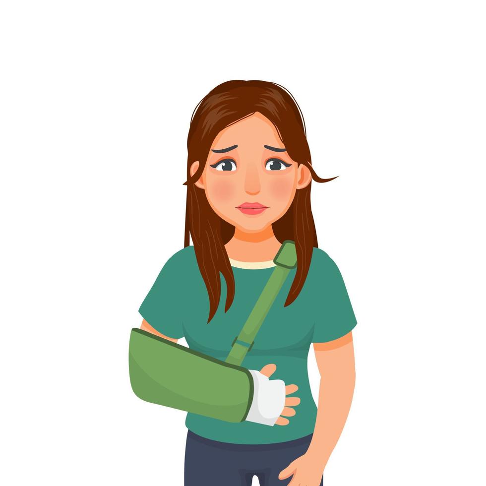 traurige junge Frau mit gebrochenem Arm, die an einer Handverletzung leidet und eine Handschiene mit einer Armschlinge trägt vektor